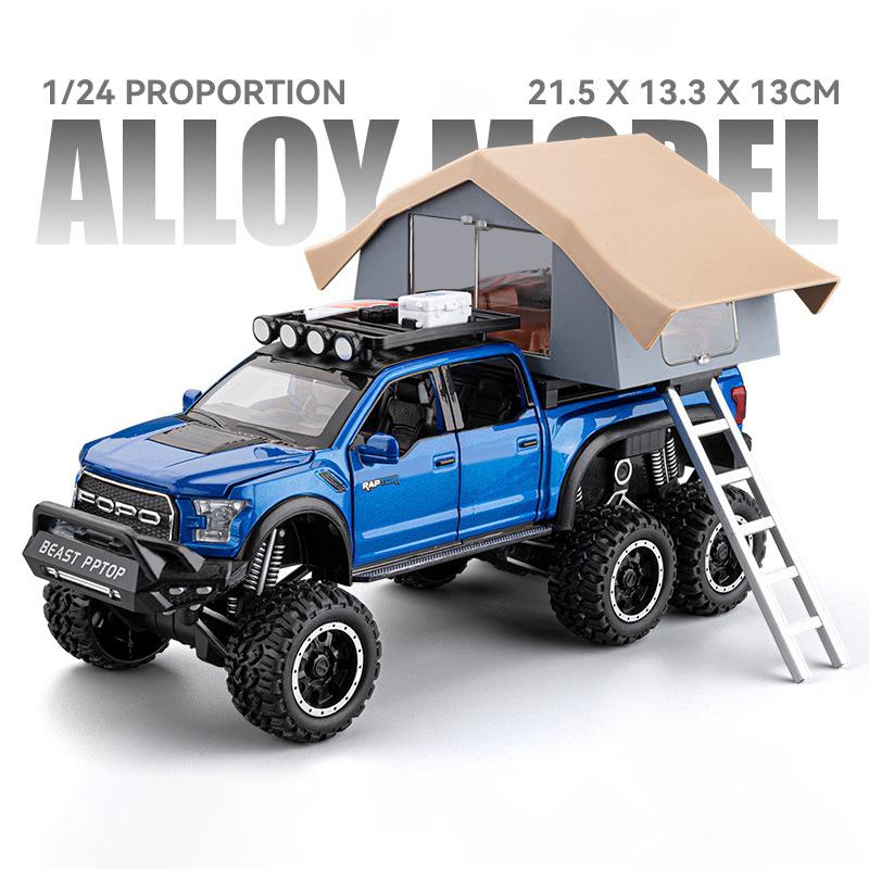 LLI6 1:28 Ford F150 Raptor RV With Tent Alloy Model Car Toy Diecasts Metal Casting Sound and Light Car Toys For Children Vehicle