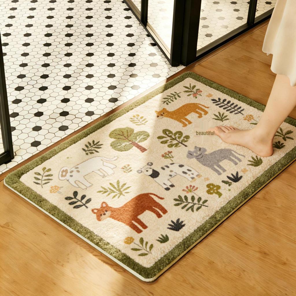 Water-Absorbent Cartoon Animal Bathroom Mat - Faux Cashmere, Forest Style, Dirt-Resistant Door and Kitchen Mat