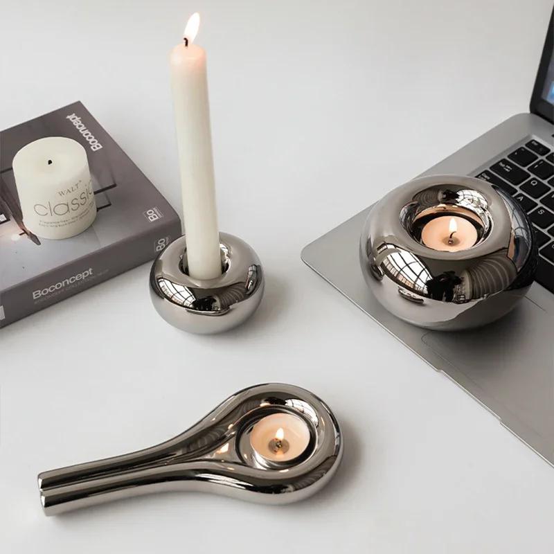 Luxury Electroplating Silver Candlestick Holder Modern Living Room Office Art Decoration Creative Ceramic Cylinder Candle Holder