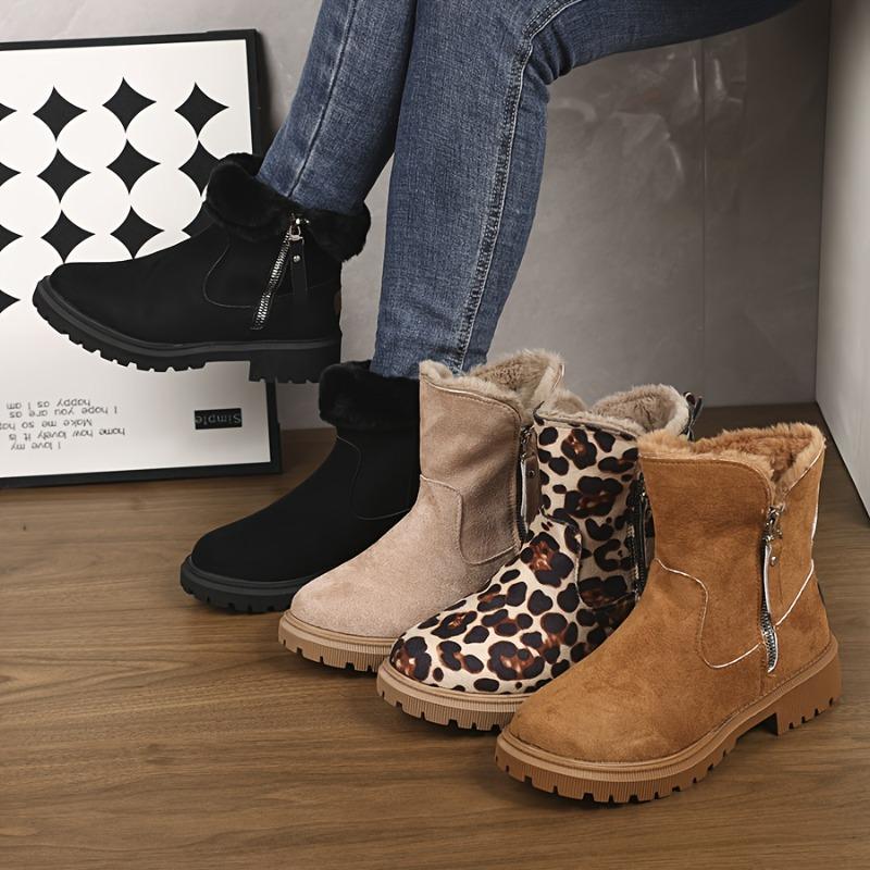 Women's Winter Snow Boots Thick Cushioned TPR Outsole Side Zipper Warm Upper Slip-Resistant Black/Brown/Leopard Print
