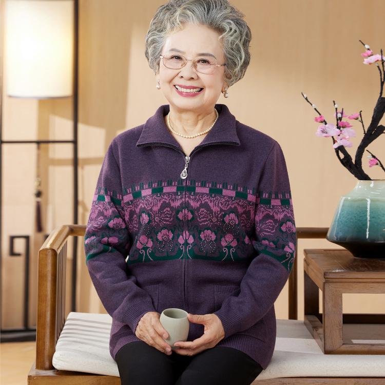 Old Lady Plus Velvet Thick Coat, Elderly Sweater Cardigan, Women's Spring and Autumn Grandma Clothes, Mother Knitted Sweater