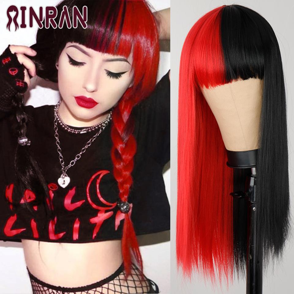 XINRAN Lange gerade weinrote Perücke mit Pony, synthetische Perücken für Frauen, hitzebeständiges Naturhaar für die tägliche Halloween-Cosplay-Party
