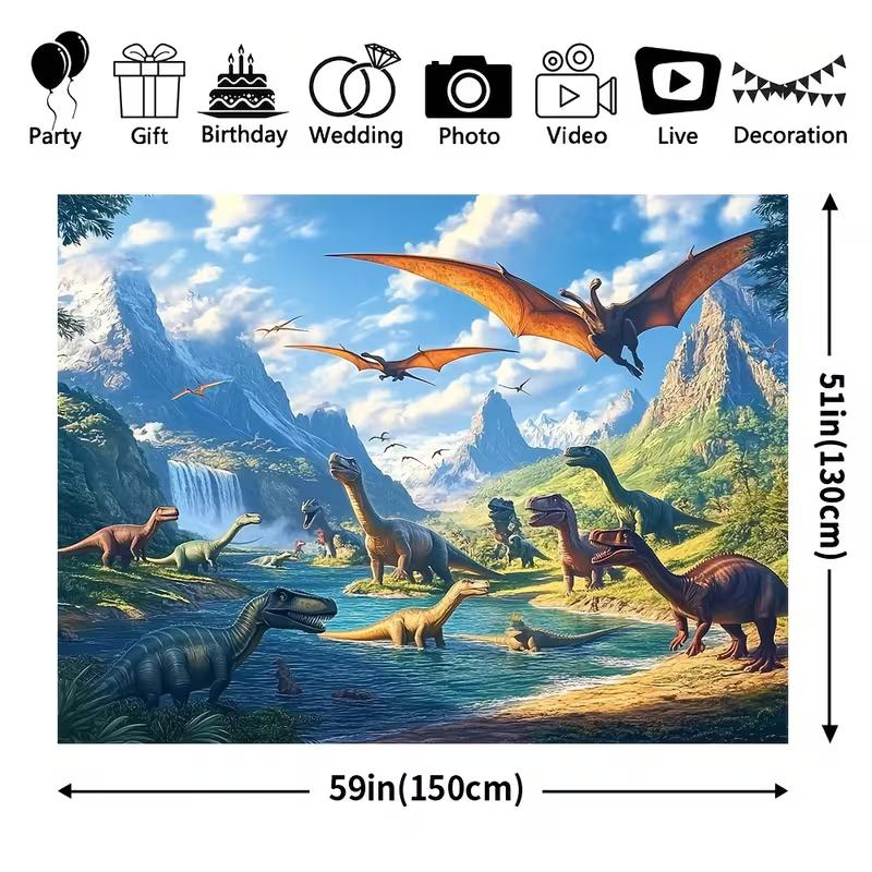Realistische Dinosaurier-Fluss-Wandteppich, Prähistorischer Jura-Wasserfall & Bergwand-Dekor für Jungenzimmer