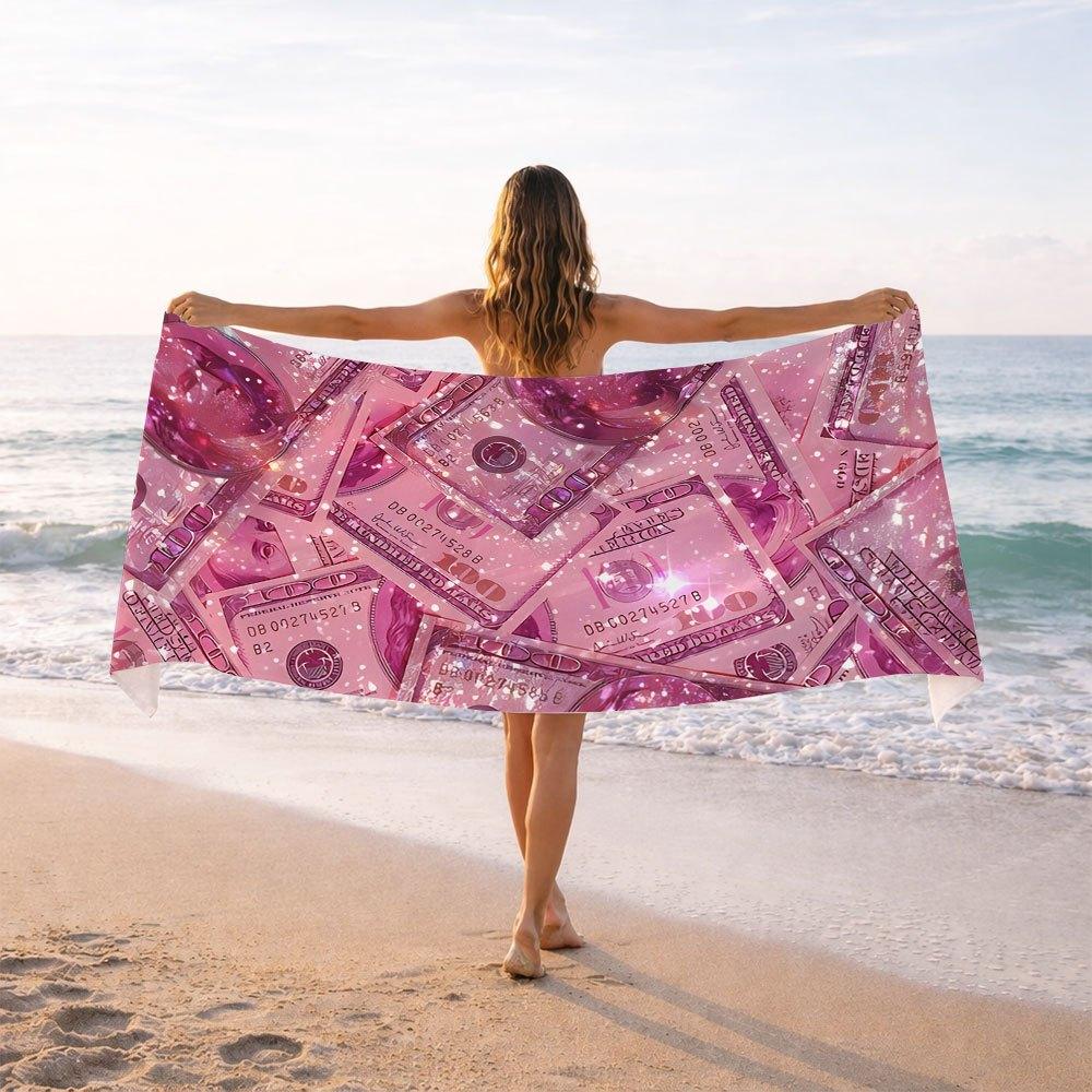 1PC Trendy Pink Light Dollar Bill Print Beach Towel Portable Swim Travel Towel for Fitness Pool