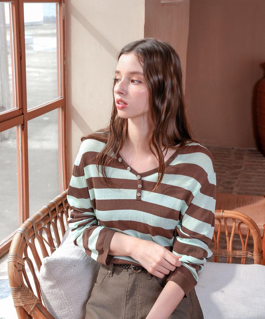 PIGMENT Button V-Neck Striped Knit (Zysw260501)
