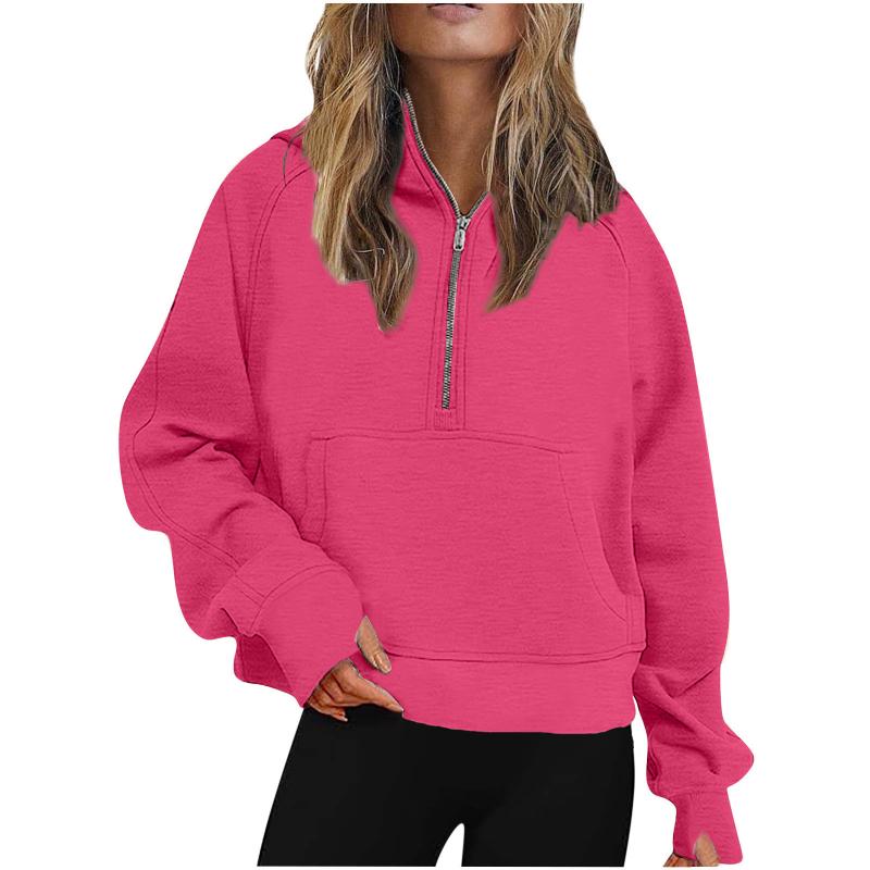 Autumn Winter New Arrival Womens Sports Half Zip Loose Solid Color Versatile Cropped Hooded Fleece Casual Pullover Sweatshirt