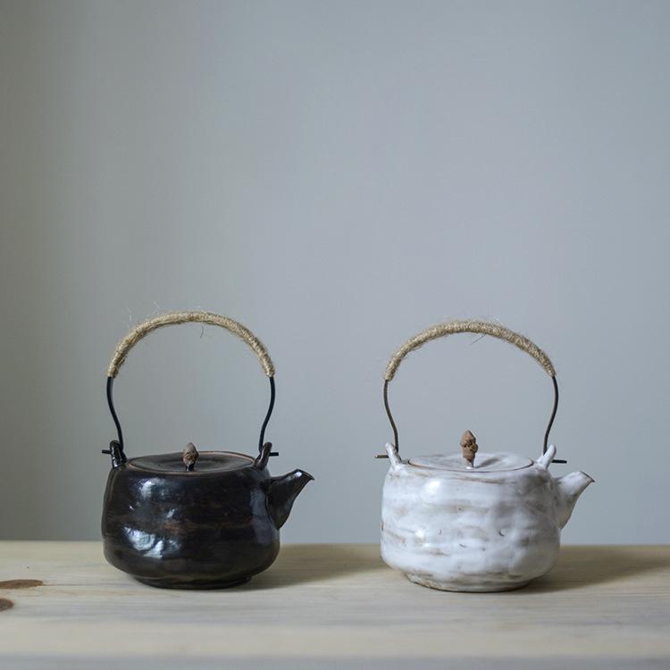 Ceramic Teapot - Rope Series Handmade Ceramic Tea Maker Teapot Handle Wrapped with Twine Best Gift Choice for Tea Lovers nero