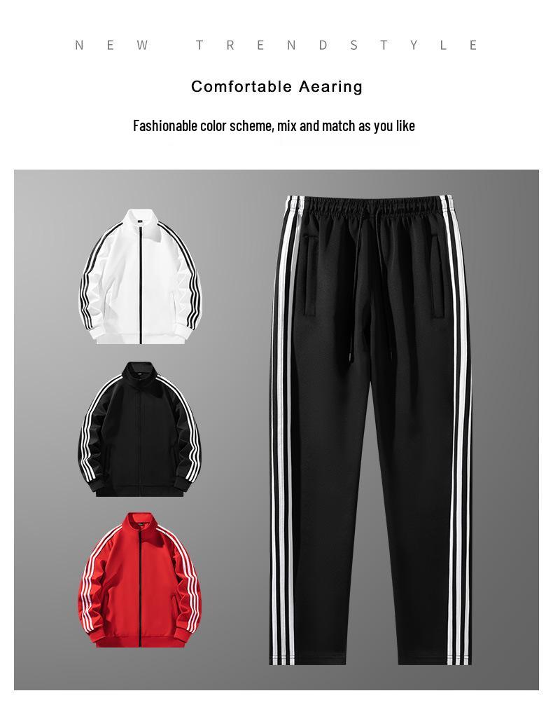 Unisex S-6X Three Stripe Casual Sportswear: Loose Jacket & Long Pants Two-Piece Set