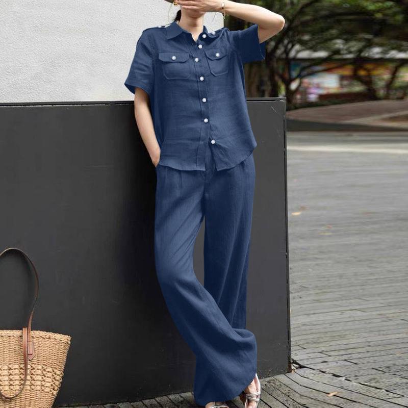 ZANZEA Women Classic Short Sleeve Blouse and Pants Casual Two Piece Suit Sets