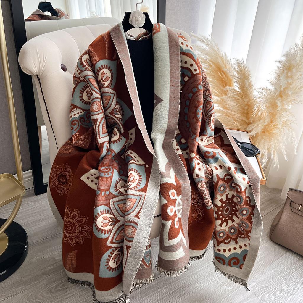 New Women's Double-Sided Paisley Print Faux Cashmere Scarf Soft Cozy Pashmina Shawl  Winter Cold-Resistant Windproof Blanket