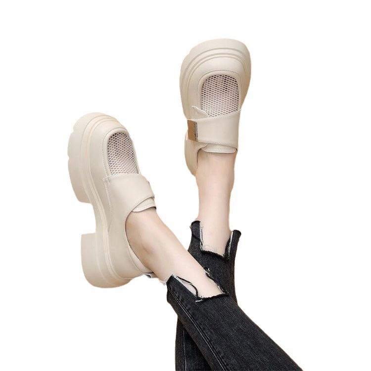 Microfiber loafers women's mesh breathable 2024 summer and autumn new Velcro thick-soled Baida British height-increasing small sandals