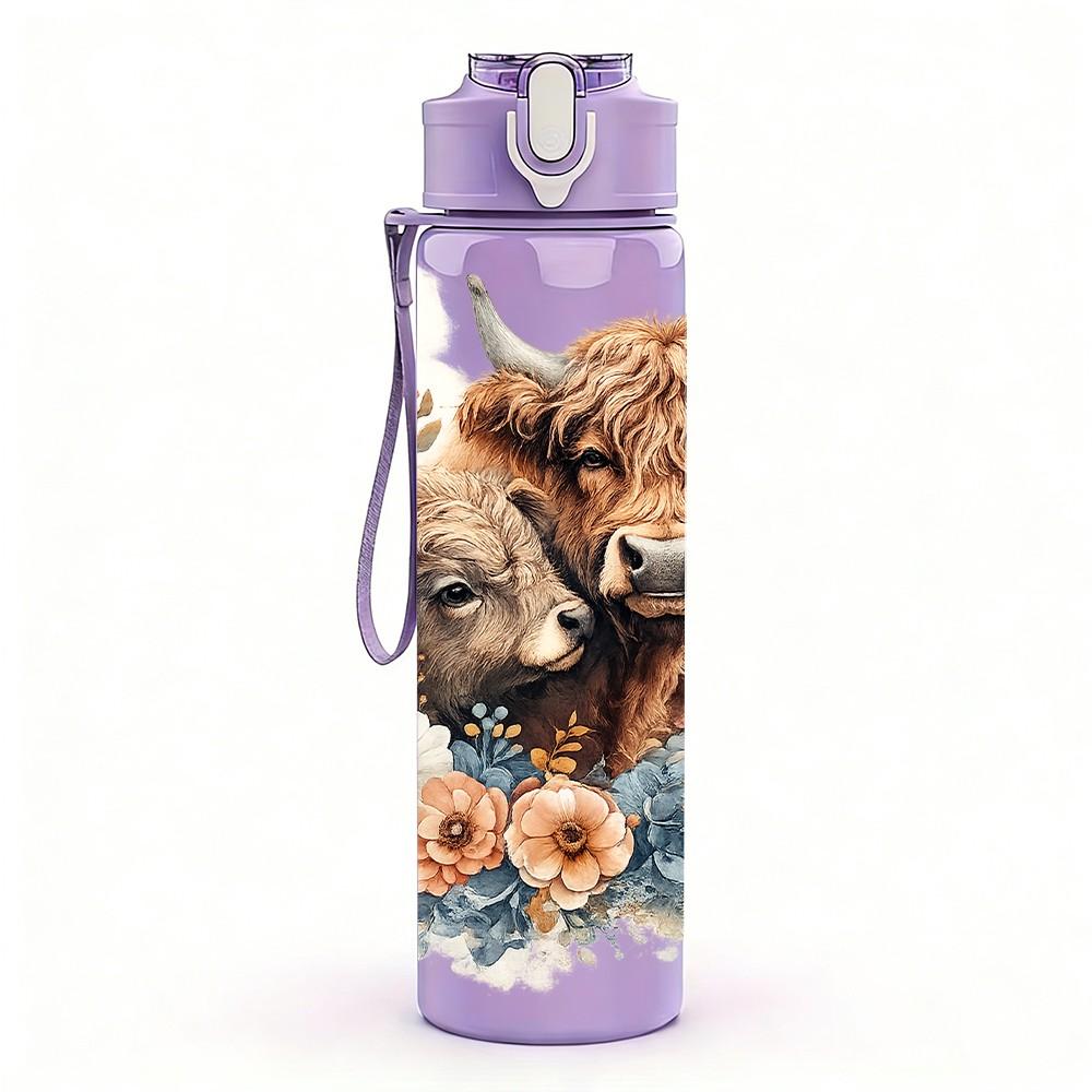 1 ud. Vaca de las Highlands Estampado de Granja de Flores Silvestres Botella de Agua Deportiva de Plástico de Color de 750 ml Tapa con Pitorro abatible Antifugas Adecuada para Deporte Oficina Uso en Casa