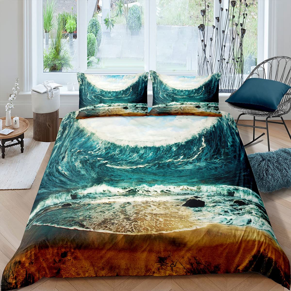 Beach Sea Wave Ocean Duvet Cover Sunset Hawaiian Palm Tree Wave Comforter Cover Tropical Island And Sea Beach Nature Theme Decor EU Single(135*200cm)3pcs