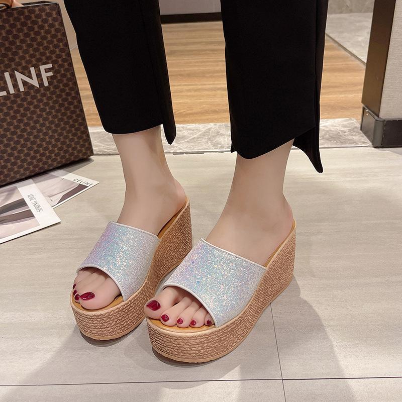 Summer Women Fashion Sexy High-heeled Thickened Outdoor Sandals, Leisure Retro Ethnic Fish Mouth Open-toed High-heeled Slippers