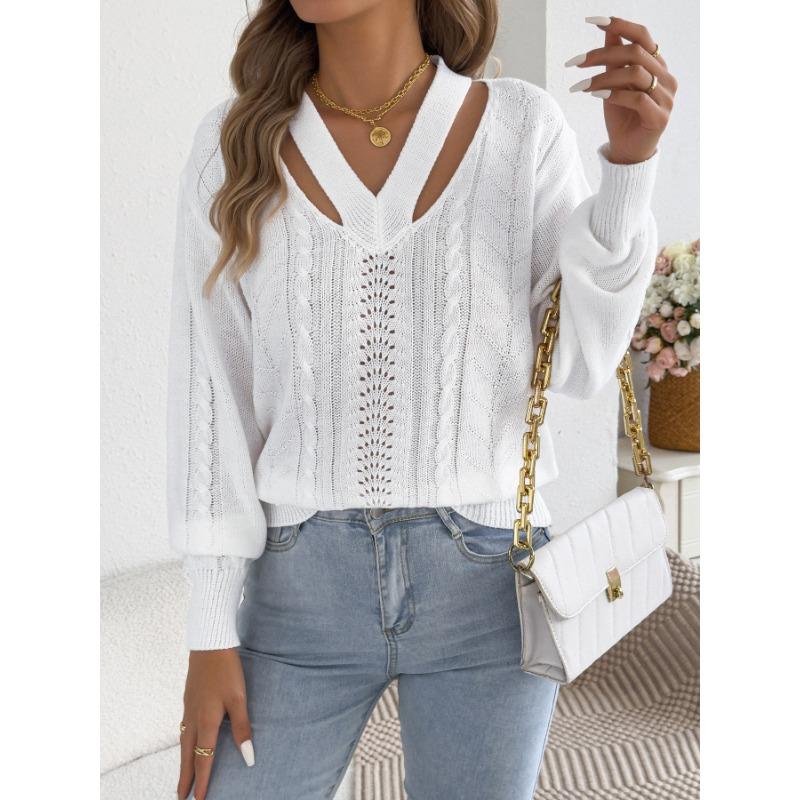 Women S Solid Color V Neck Long Sleeve Hollow Out Sweater