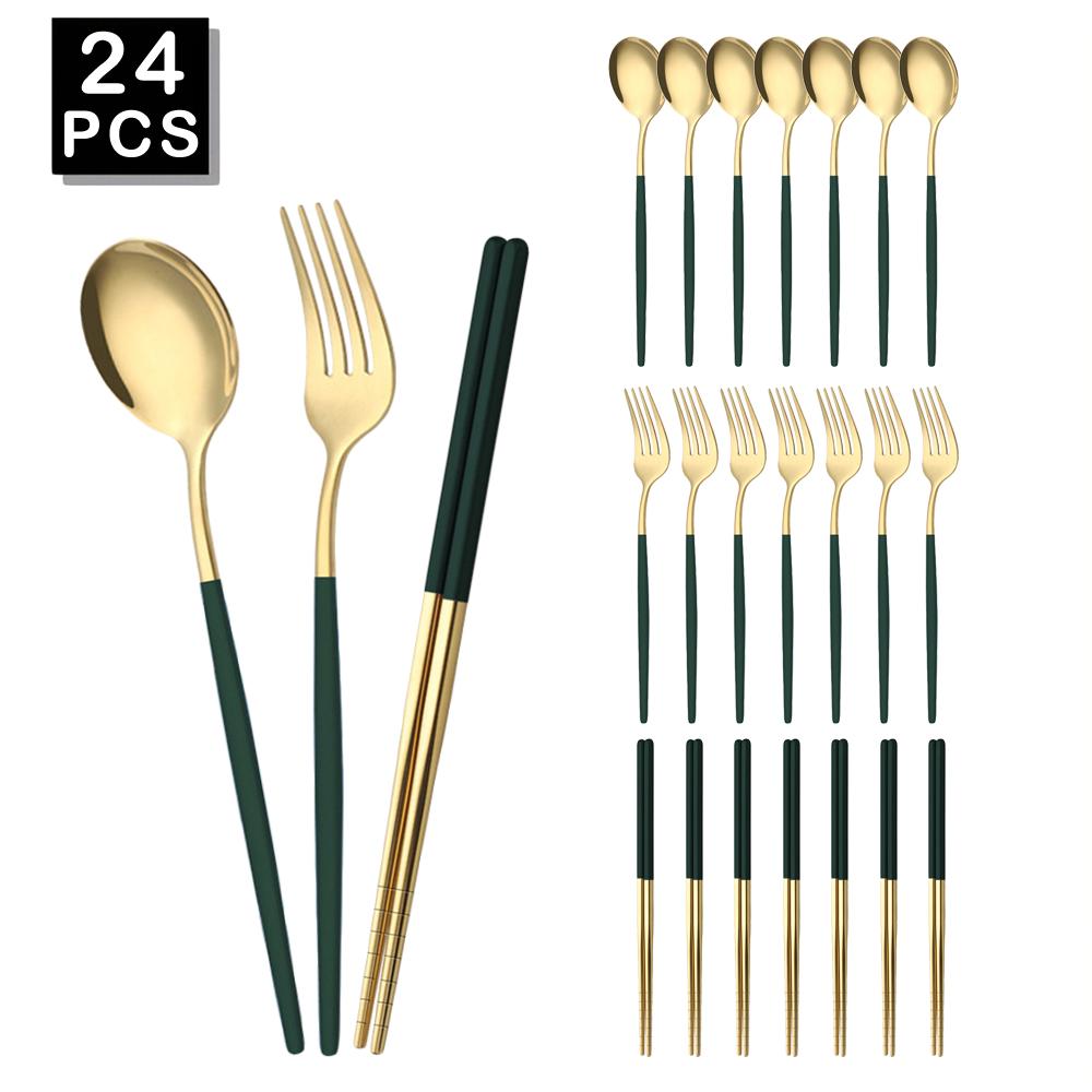 Golden Korean Tableware Set 24Pcs Luxury Cutlery Set Stainless Steel Dinnerware Fork Spoon Chopsticks Flatware Set