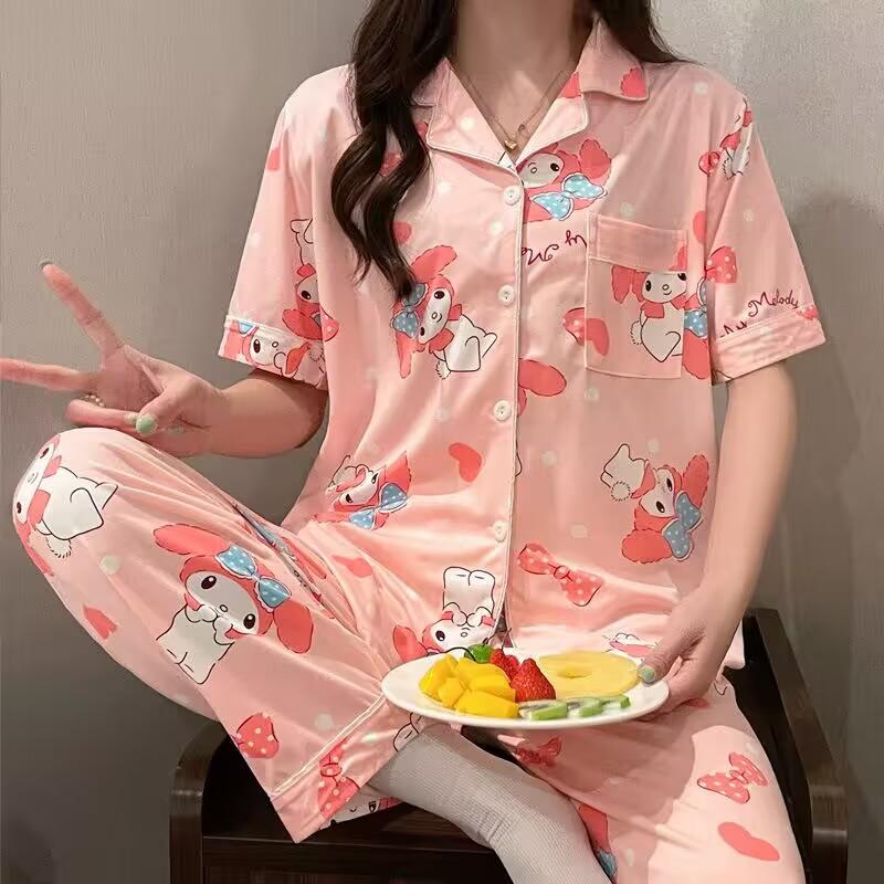 Cute Melody pajamas women's Japanese sweet cartoon style loungewear age-reducing girls cardigan short-sleeved set
