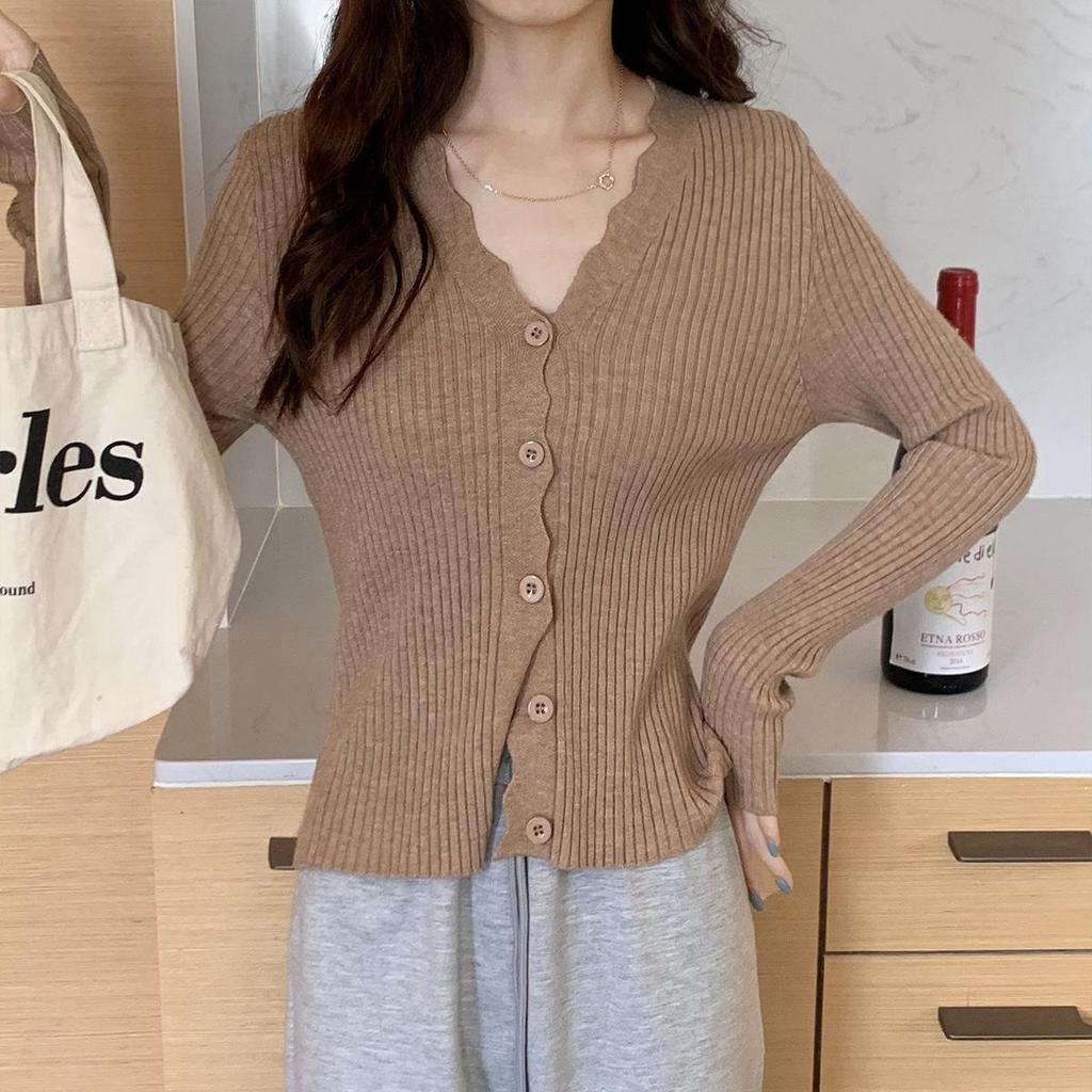 Autumn Korean V-Neck Slim Fit Core-Spun Yarn Cardigan Sweater for Women