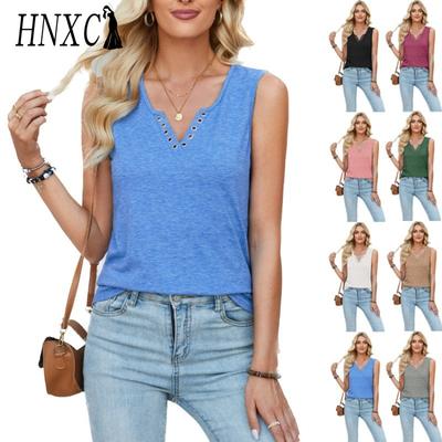 Camicette e camicie senza maniche con scollo a V, stampa tinta unita, moda casual da donna