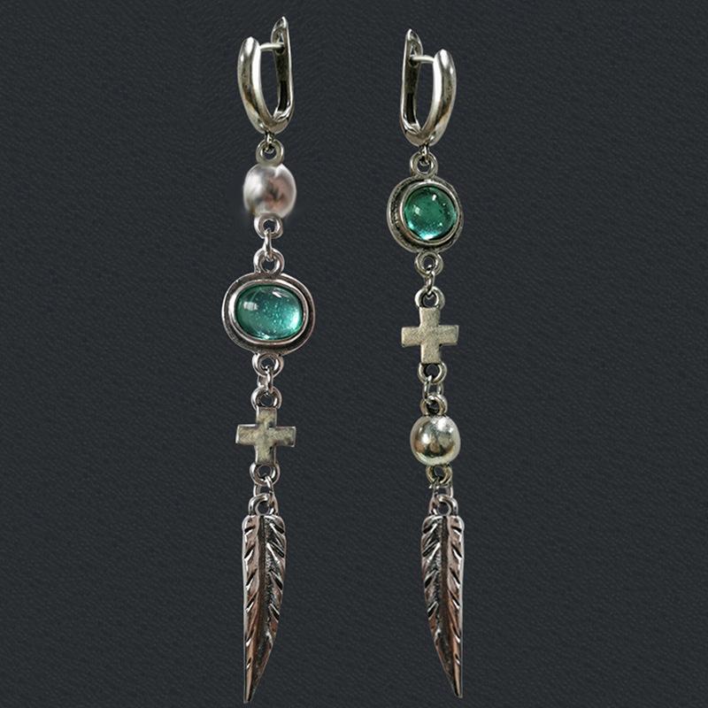 Green Stone Earrings Punk Cross Feather Metal Pendant Tassel Earrings Ladies Vintage