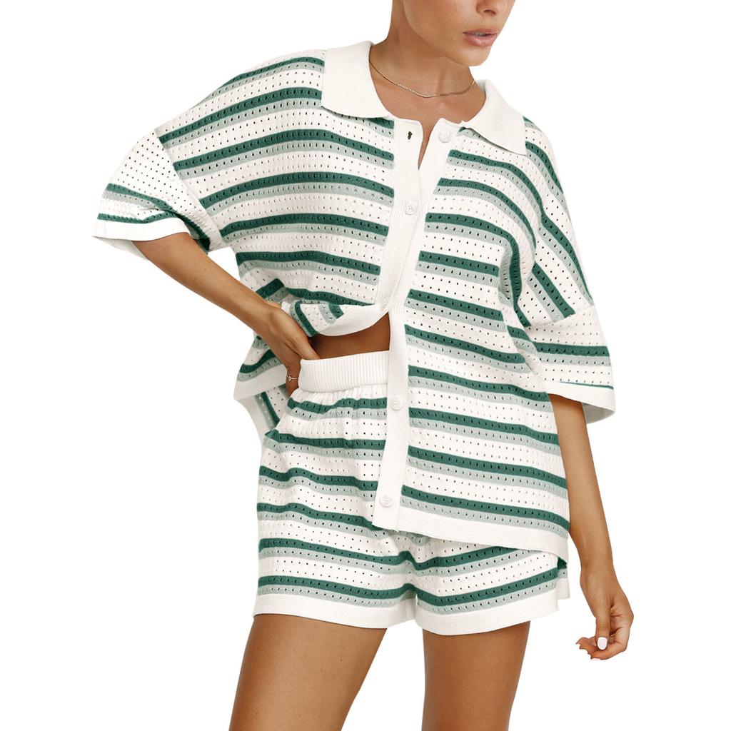 Knitted Women Two Piece Shorts Outfits Loungewear Suits Stripe Contrast Color Button Crochet Tops and Shorts Matching Sets