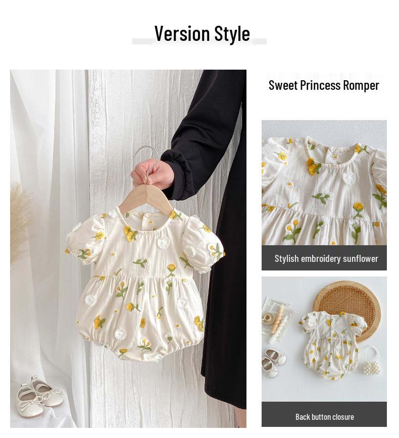 Barboteuse d'été pour bébé fille nouveau-né avec broderie tournesol et manches bouffantes