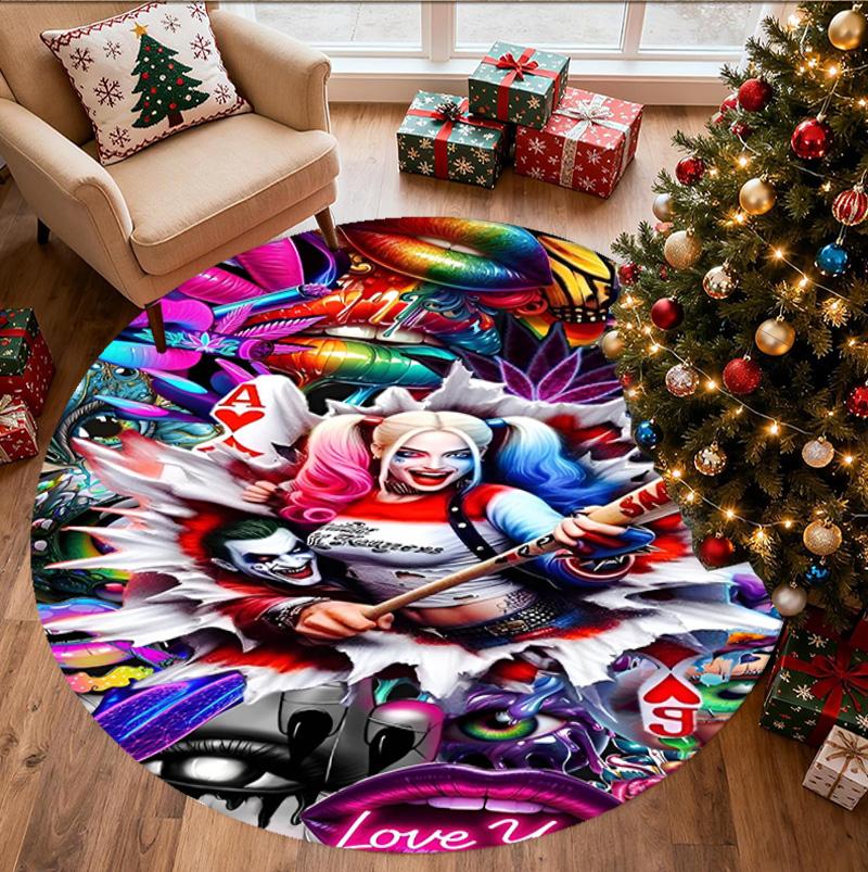 Harley Quinn Joker Pattern Round Rug, Indoor/Outdoor Mat, for Picnic, Gameroom, Bedroom, Office, Living Room, Home Decor Carpet, Birthday Gift
