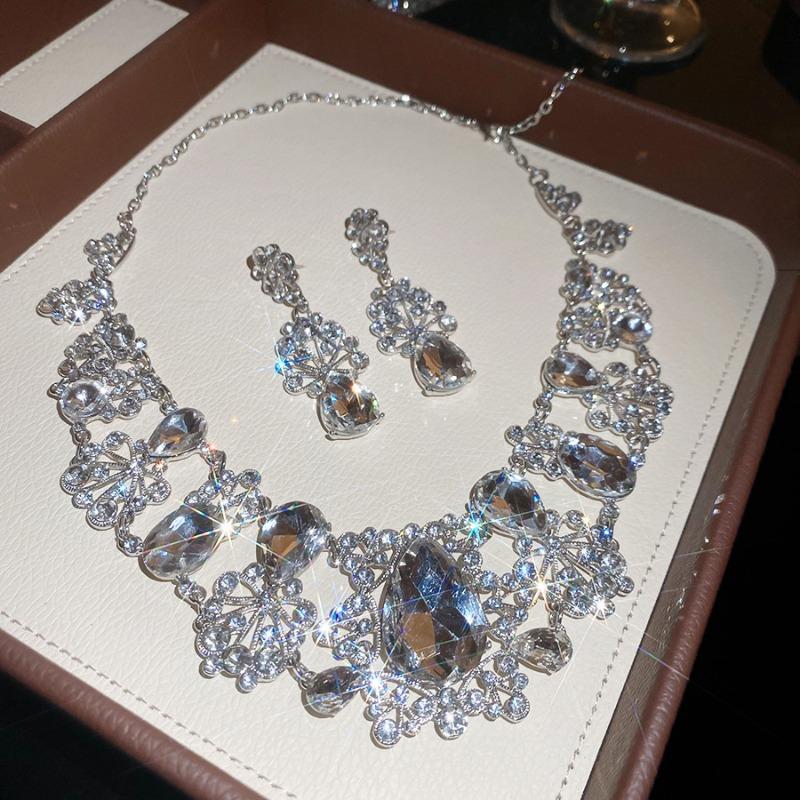 Meier Diamond-studded teardrop oval necklace and earring jewelry set - elegant regal style