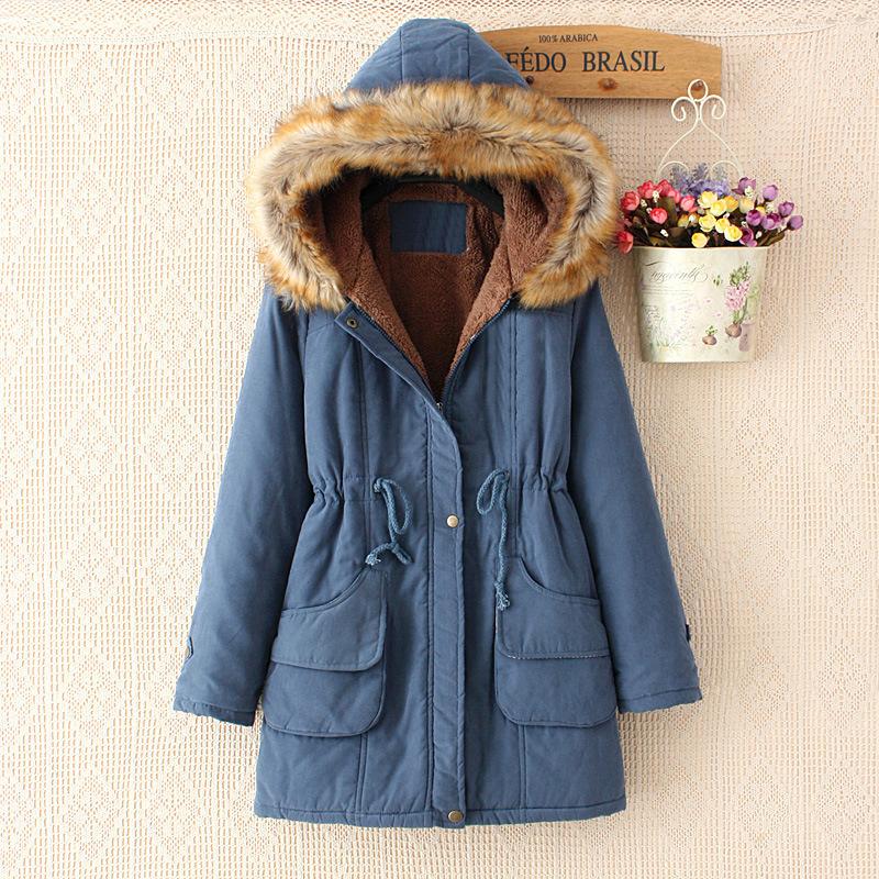 

Autumn and winter new medium and long drawstring slim-fitting hooded big fur collar cotton-padded coat female trend XXXL джинсовий синього кольору