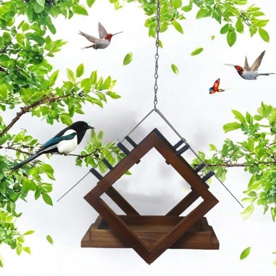 Hanging Birds Feeder Geometric Platform Feeder with Roof Outdoor Rainproof Feeder House Attracts Cardinals Goldfinches Tits for Balcony Yard