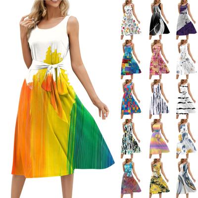 Summer Dresses For Women  Beach Loose Round Neck Sleeveless Midi A-Line Swing Dress Sundresses With Pockets