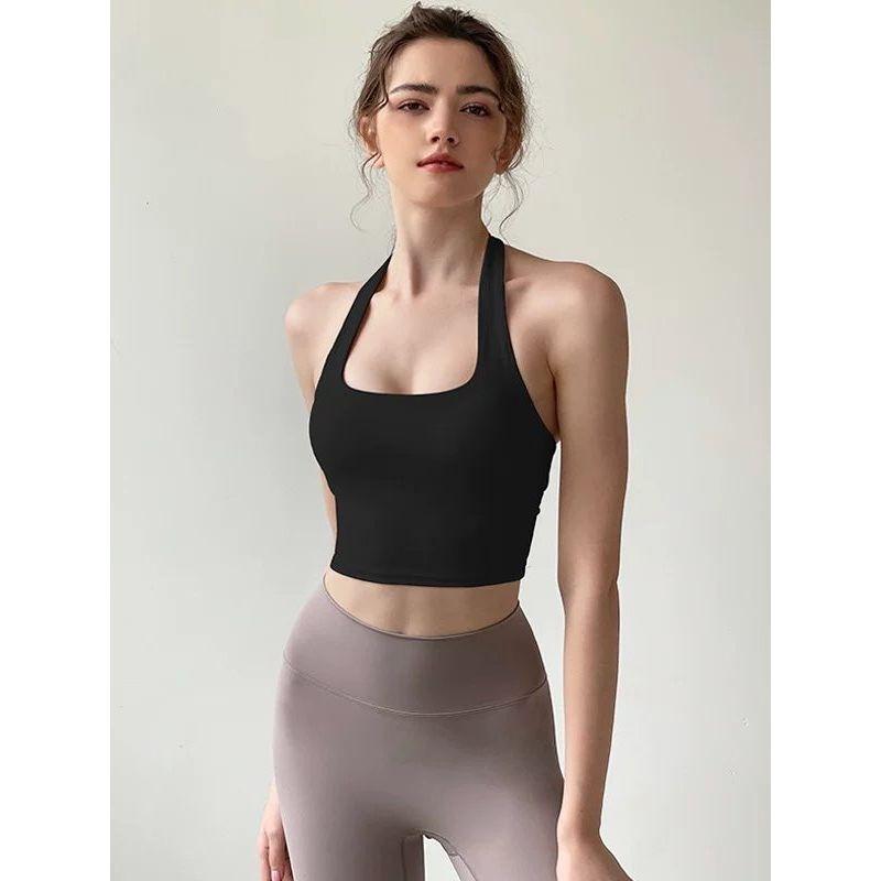 2026 New European and American Style Sexy Halter Neck Women's Push-Up Running Fitness Bra Outerwear Waist-Cinching Yoga Tank Top