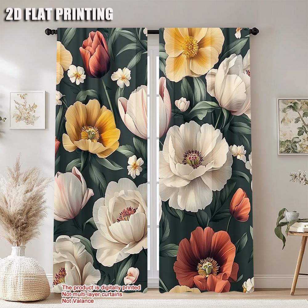 2Pcs Vintage Floral Window Curtain Polyester Drapes With Rod Pocket Light Yellow Rose Print For Living Room Machine Washable
