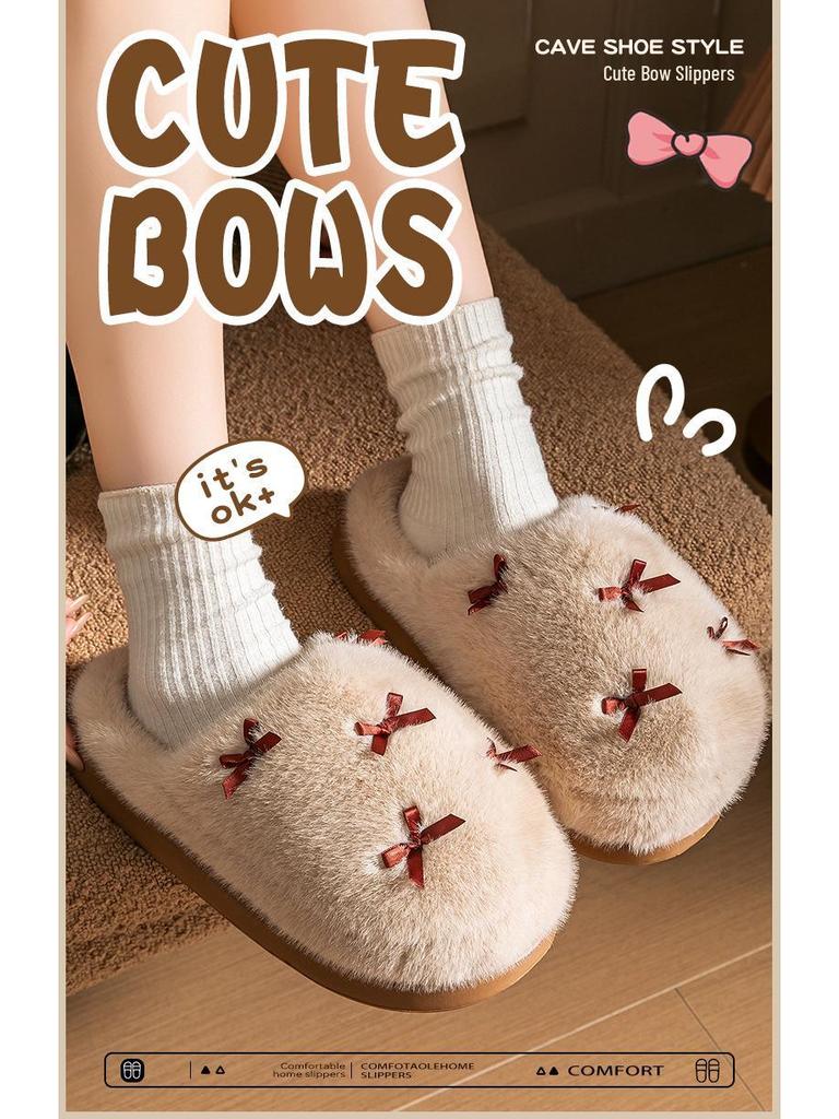 Women's Warm Cotton Slippers - Non-Slip, Cute Bow, Indoor Maternity Shoes for Autumn & Winter