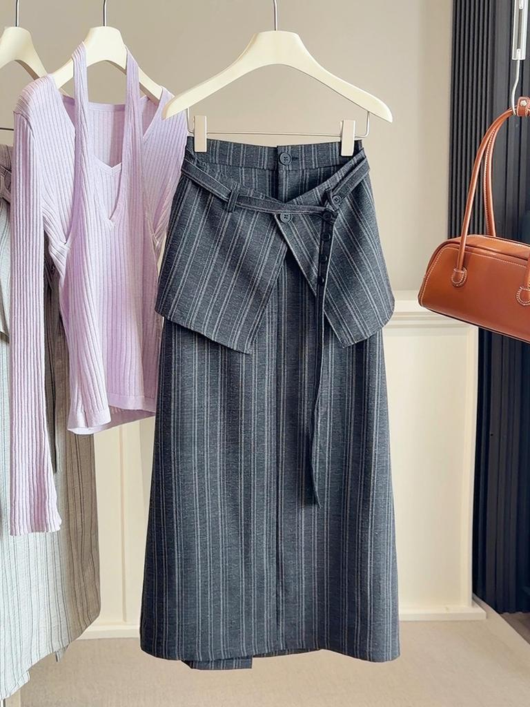 High-Waisted Striped Half-Skirt Suit for Women - New Spring/Summer Slim Fit with Back Flap, Mid-Length.