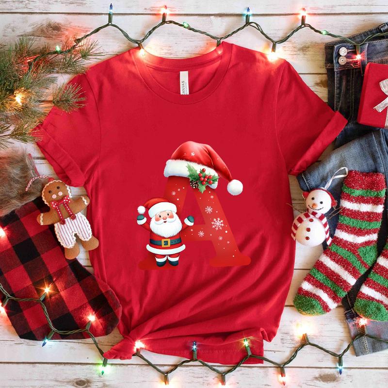 Santa AZ Alphabet Womens Tshirt Christmas Party Casual Tee with Graphic Print Holiday Fashion Y2k Tops for Female Clothing