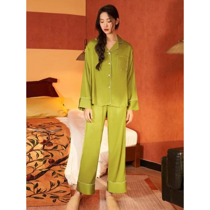 One Tone Satin Pajamas Long Sleeve Trousers Home Clothes Suit Classic Style Womens Pajamas Multi Color
