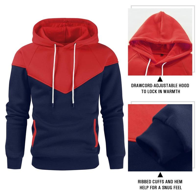 Winter Men's Fleece-Lined Hooded Sweatshirt Fashionable Patchwork Hooded Sweatshirt Casual Sports Sweatshirt Pullover Sweatshirt