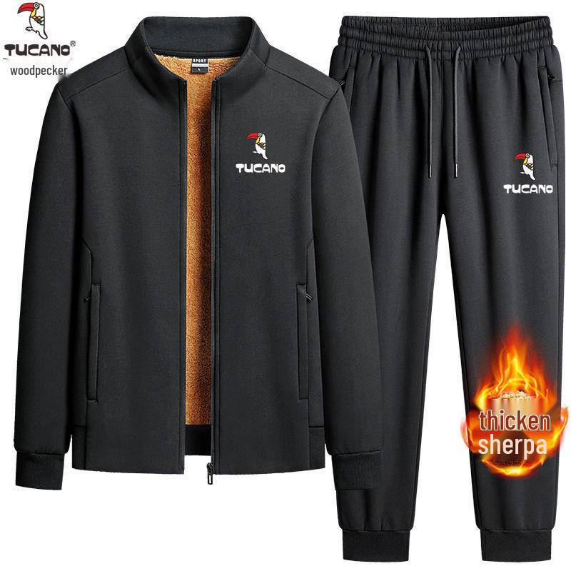 Woodpecker Men's Winter Lambswool Tracksuit Set - Stand Collar, Fleece-Lined, Loose Fit, Two-Piece