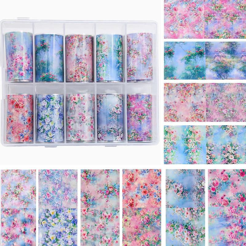 10Rolls Mixed Nail Art Foils Transfer Sticker Set Rose Flower Designs Floral Starry Sky Nail Wraps Wedding Summer Manicure Decor