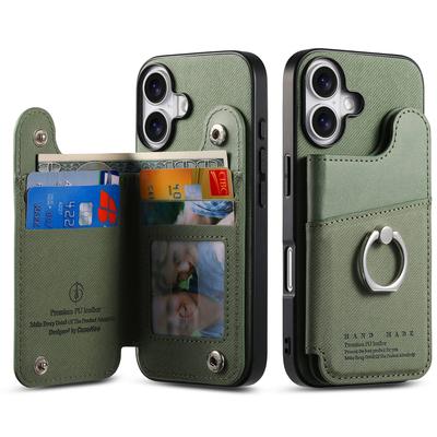 For iPhone 16 Case with Card Holder Kickstand Leather + TPU + PC Phone Cover