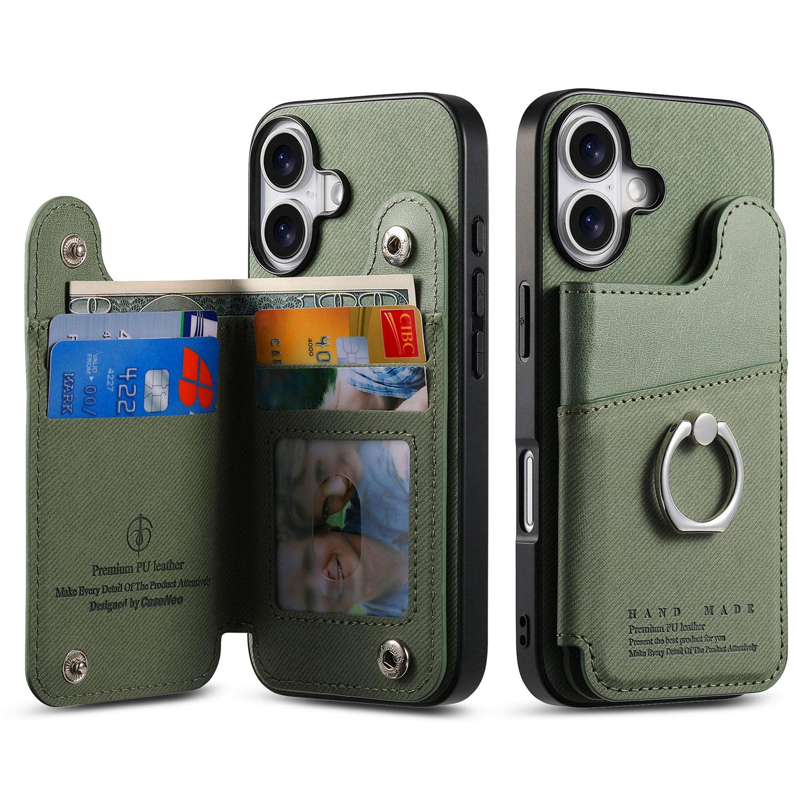 

For iPhone 16 Case with Card Holder Kickstand Leather+TPU+PC Phone Cover Khaki