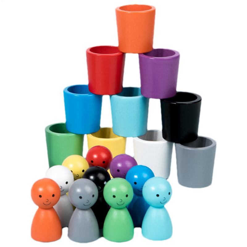 Baby Montessori Color Sorting Toys Color Matching Sensory Game Wooden Peg Dolls in Cups Early Education Learning Toys