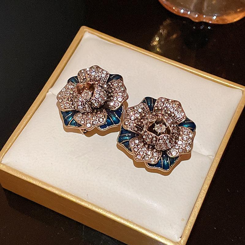 Vintage Silbernadel Diamantbesetzte Ovale Ohrstecker - Leichter Luxus High-End Schmuck