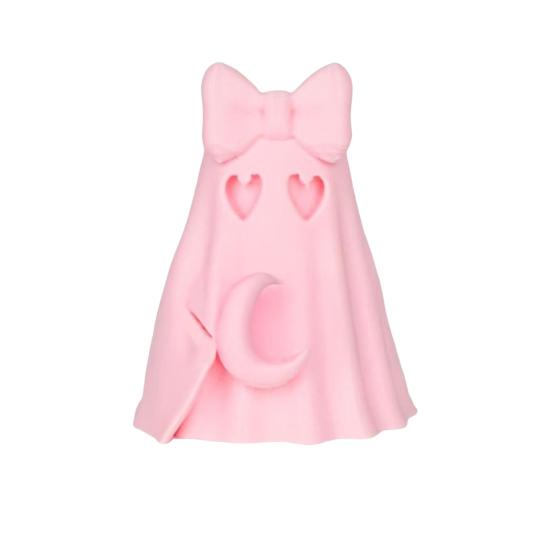 Halloween Ghost Figurine Cute Pink Ghost Holding Moon Statue Resin Ghost Sculpture Tabletop Ornament for Indoor Home Decor