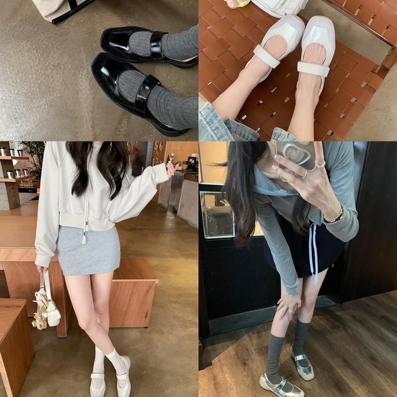 Lazy Velcro Soft Functional Wind Flat Bottom Leather Mary Jane Single Shoes Women's Spring and Autumn