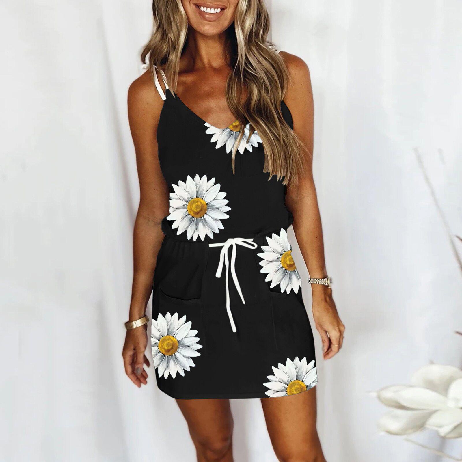 2023 Women s Summer Digital Print Spaghetti Strap A-line Lace-up Dress Small