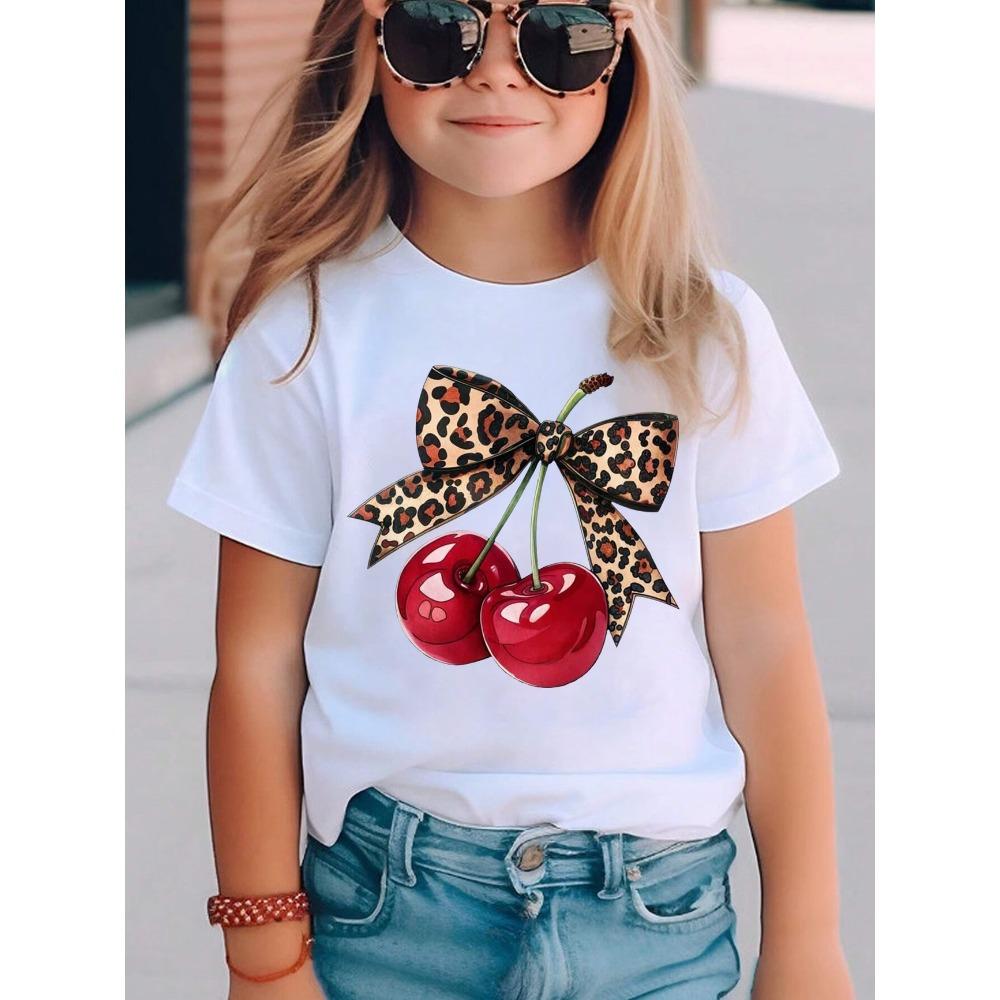 Summer Fruit Cherry Bow Print Kids T-Shirt Polyester Casual Girls Short Sleeve Shirts Casual Sports Fashion Children's Clothes Tees