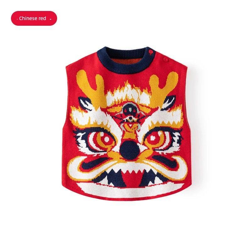 Spring and Autumn Dragon Year Boy s Knitted Sweater Children Red Sweater Baby National Style Pullover Clothes Girl Sweater Xianglong Vest 110