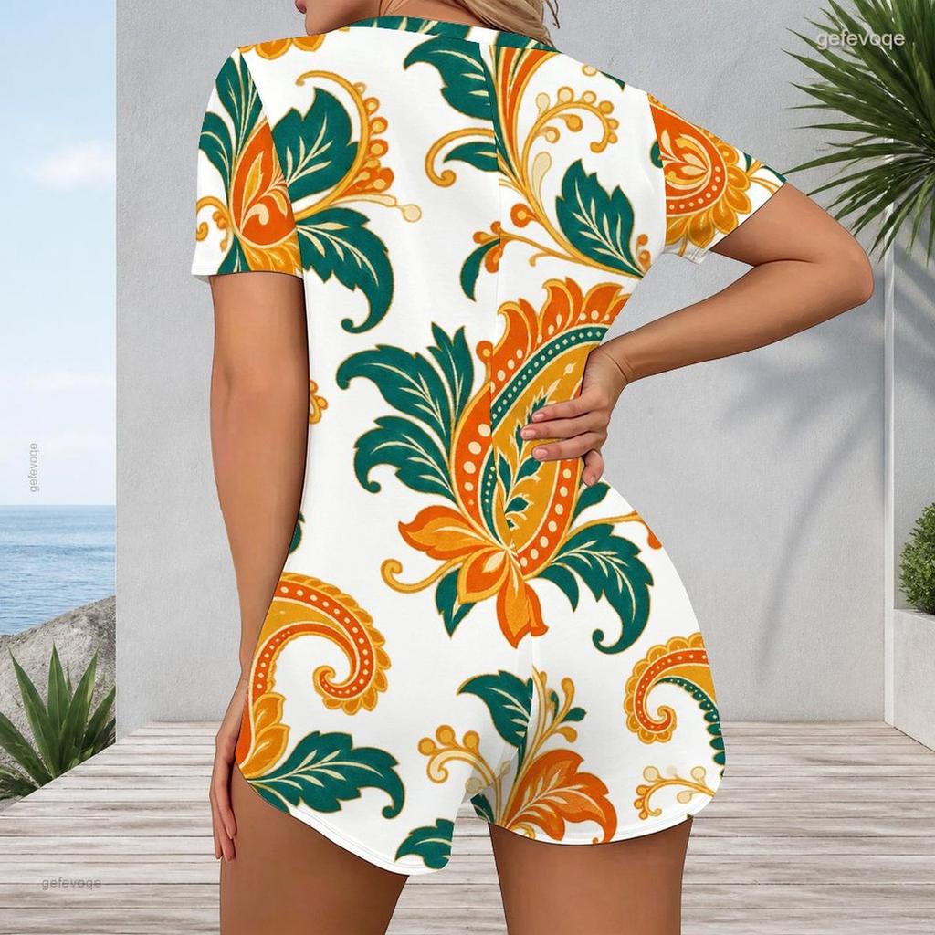 Women Plus Size Printed V Neck Short Sleeve Button Front Romper White Green Orange